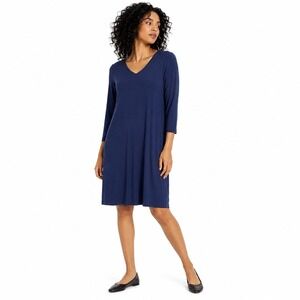 Eileen Fisher Shift RSVP Dress Navy Blue Minimalist Luxe Women Petite Small PS